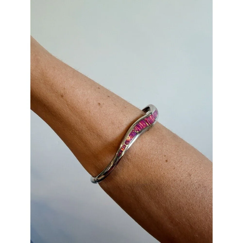 Vintage Sterling Silver Mexico Hinged Fire Opal Inlay Bracelet 7”